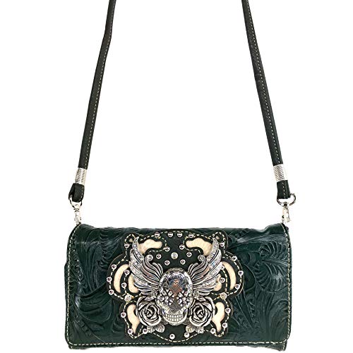 Zelris Sugar Skull Roses Angel Wing Women Crossbody Wrist Handle Trifold Wallet3