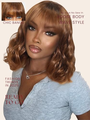Image of Beauty Forever Bob Wig Human Hair with Bangs Loose Body Wave Glueless 4x2 HD Lace Chestnut Chocolate Brown with Highlight Pre Plucked Bob Wear and Go Short Wigs Beginner Friendly 150% Density 10inch