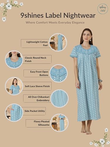 Image of 9shines Label Stylish Chikankari Cotton Nighty Maxi for Women | Full Length Nightgown | Nightdress with Pocket | Embroidery Nighty | Soft Comfortable Cotton Nightwear (1545)