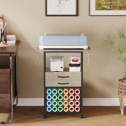 Image of VENNQD Organizer and Storage Stand Compatible with Cricut Machines,Rolling Storage Cart /Shelf with 24 Vinyl Roll Holders,2 Fabric Drawer,Accessories Holder,Tool Hook for Craft Room Home (Greige)