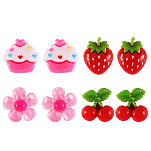 NUOBESTY Clip de Fille Boucles d oreilles décoratif Belle Princesse Semblant Jouet Oreille Clip Oreille décoration faveur 4 Paires (Fraise + Cerise + Fleur + crème glacée Chaque Paire)