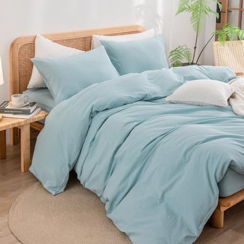 Image of BESTOUCH Cotton Solid Duvet Cover Set Hushed Green Oversized Full | 100% Washed Cotton, Soft Wrinkle Texture, Hidden Zipper, 8 Ties, Breathable Lightweight Durable Comfy, 3 Pcs No Insert