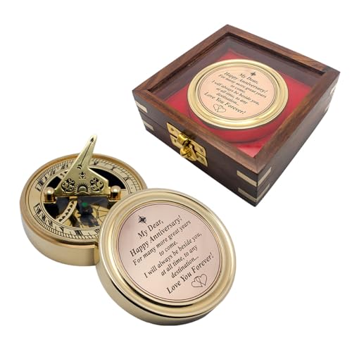 Personalized Anniversary Brass Sundial Compass with Romantic Message, Wooden Box Included Gift for her him