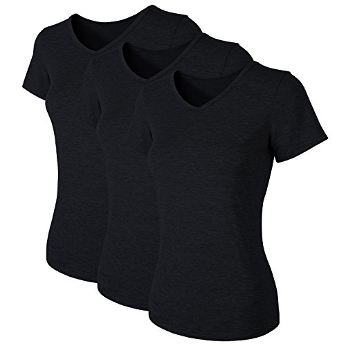 H HIAMIGOS Damen Langarmshirt für Sport & Freizeit, V Ausschnitt Sommer T-Shirt, Slim-Fit Tuniken, 3er Pack Baumwolle Kurzarm, Schwarz M Cover