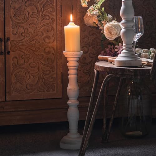 White Rustic Candle Holders for Pillar Candles,18-Inch Vintage Wooden Candle Holders Pillar,Candle Holder for Candlesticks,Farmhouse Style Accent Decor,Gift for Home (1Piece, 5.5' x 5.5' x 18.3')