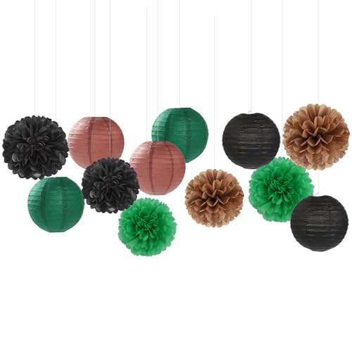 Image of Football Party-Decorations Paper-Flowers - 15pcs Green Brown Black Tissue Pom Poms Lanterns Streamers,Birthday Baby Shower Bachelorette Hanging Supplies Decor Hugfond