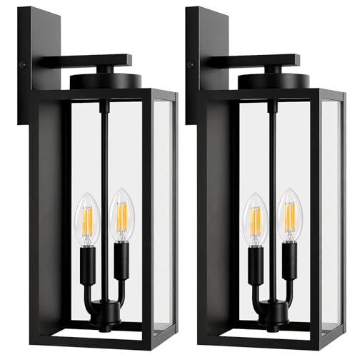 Image of BesLowe 18'' Large Outdoor Wall Lights, Modern Black Exterior Wall Lanterns | Waterproof Metal Construction, Rust-resistant, Quick & Easy Installation, Clear Glass Shades & E12 Socket