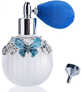 Glass Perfume Bottle with Spray Atomizer+Squeeze Bulb+Funnel,Hand-Painted Butterfly Pattern,Refillable Crystal Atomizer Bottle(50ml,Blue)