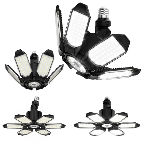 Adiding Rotatable LED Garage Light 4 Pack, 48000Lm Super Bright Basement Lighting Fixture w/ 6 Adjustable Panels Screw in E26 E27 Bulb Base for Workshop Attic Barn Ceiling Warehouse Gym Utility