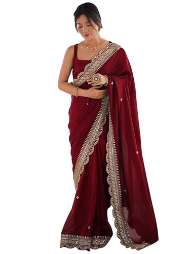 AKHILAM Women's Vichitra Silk Embellished Saree With Unstitched B...