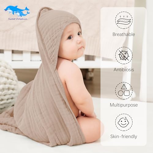 Image of SWEET DOLPHIN Muslin Hooded Baby Bath Towels - 2 Pack 100% Cotton Towel for Babies, Infants, Toddlers - 32x32Inch - Highly Absorbent and Newborn Essential, Brown