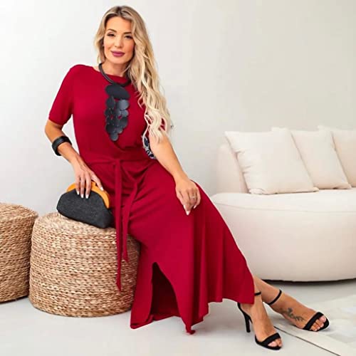 Vestido Longo Viscolycra Elegant Com Detalhe na Cintura Fendas Laterais Festa (Preto, G1 (Veste 44 a