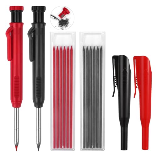 2 Pack Carpenter Mechanical Pencil Set with 12 Refills 2 Colors, Long Head Deep Hole Marker with Cap, Construction Pencil with Built-In Sharpener for Architect and Carpenter Woodworking