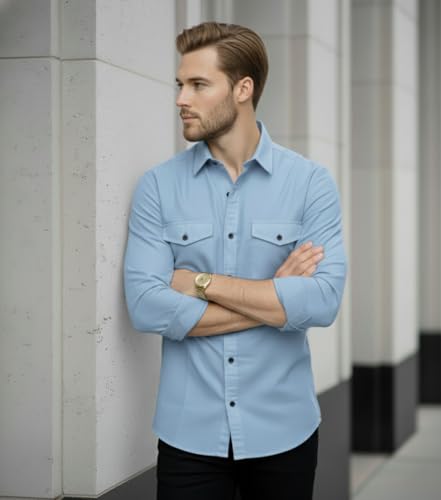 Image of DEELMO Men's Classic Cotton Blend Slim Fit Shirt || Full Sleeve Button-Down Casual Shirt with Dual Flap Pockets || Soft Breathable Fabric || Ideal for Office Party and Everyday Wear