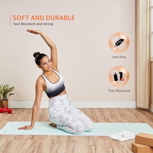 Image of AmazonBasics Dual Colour Yoga Mat | 6 MM Thick Mat | Carry Strap | Grippy Surface | Anti Slip Exercise Mat | TPE & EVA Material | Yoga Mat for Men & Women (Turquoise & Pink)