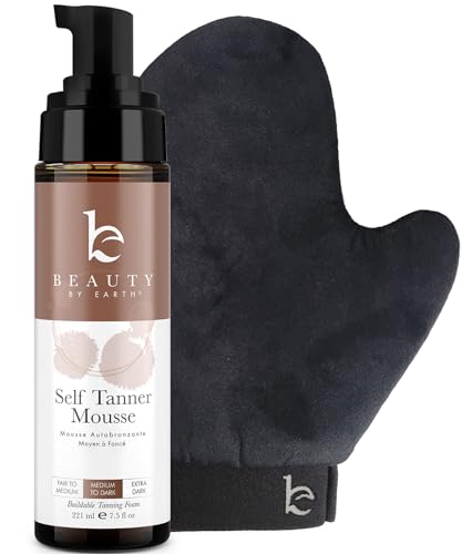 Beauty by Earth Self Tanner Tanning Mousse Kit - USA Made with Natural & Organic Ingredients, Self Tanner Mousse and Mitt, Tan Kit, Fake Tan Tanning Foam, Medium to Dark, Sunless Tanners Best Sellers