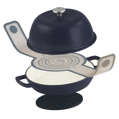 Mahlzeit Juego de cacerola de hierro fundido esmaltado, 6,4 litros, color azul baya, molde para pan con soga y platillo, juego de pan, olla de hierro fundido, molde para pan con tapa, olla esmaltada