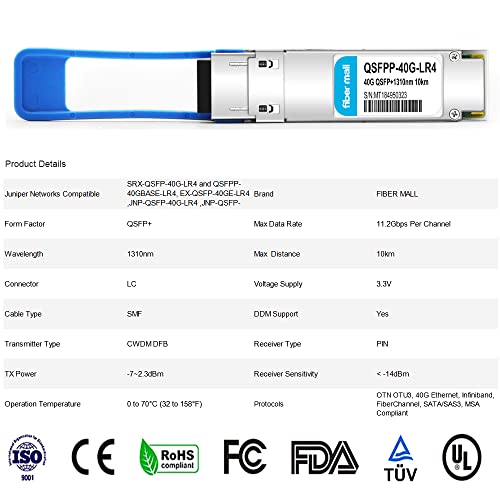 Image of 40G QSFP +LR4 for Juniper SRX-QSFP-40G-LR4 QSFPP-40GBASE-LR4 EX-QSFP-40GE-LR4 JNP-QSFP-40G-LR4 JNP-QSFP-40GE-LR4 40GBASE-LR4 QSFP+ 1310nm (CWDM4) 10km LC DOM Optical Transceiver Module
