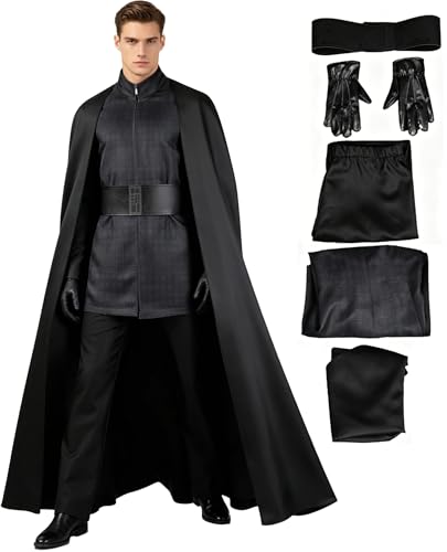 Heodols Knight Costume Adult Men Force Knight Cosplay Black Outfit Shirt Pants Cloak Gloves Belt Accessories