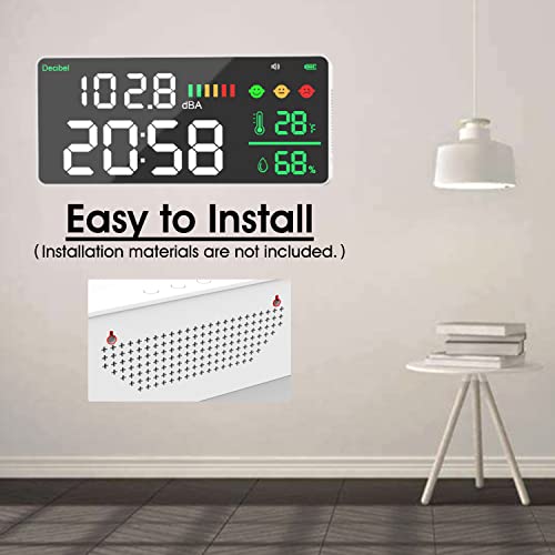 4-in-1-Dezibel-Messgerät, Wandhängendes Schallpegelmessgerät mit Alarmsymbol-Anzeige, 30–130 dBA Geräuschdetektor Digitaluhr Temperatur Luftfeuchtigkeit 14–122 °F, für Zuhause, Studio, Fabrik