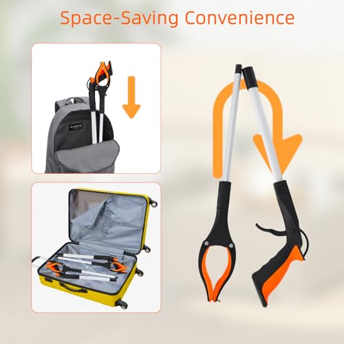 Grabber Reacher Tool, 2 Pack 32\" Foldable Lightweight Trash Claw Grabbers for Elderly, 360° Rotating Head Wide Jaw Reaching Tool for Trash, Pick Up Stick (Orange)