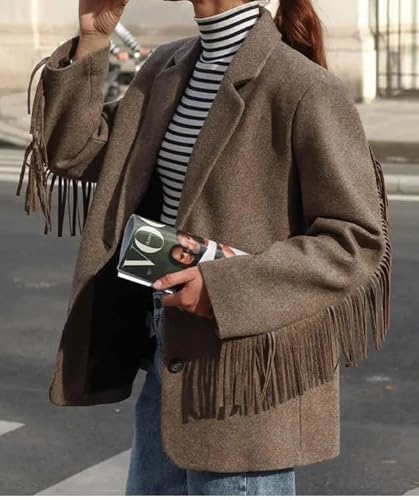 CHARTOU Women's Fashion Fringe Tweed Jacket Blazer Oversized Notched Lapel Single Breasted Back Slip Coats3