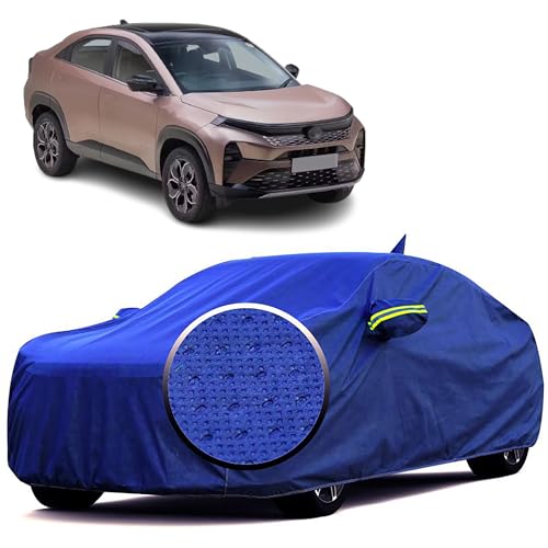 Image of 100% Waterproof 'BlueMax' Car Body Cover for Tata Curvv with Mirror Pocket, Heat & UV Protection, Triple Stitched, Soft Lining, Full Bottom Elastic & Reflective Radium (Blue)