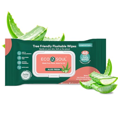 Eco Soul Bamboo Flushable Wipes Adult Wet Wipe [4 x Pack of 48, Aloevera] 100% Plant-Based...