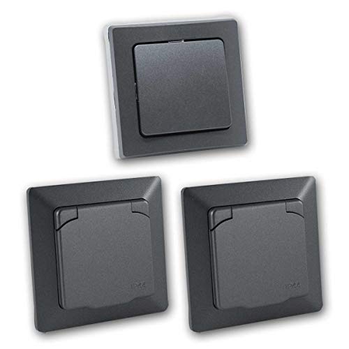 Schalter + Steckdosen Set Feuchtraum S, anthrazit, 3-teilig, IP44, Schalterserie Milos, Unterputz