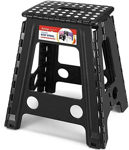 ACSTEP 18" Folding Step Stool for Adults Non-Slip Foldable Step Stool with Handle for Kids Heavy Duty Plastic Collapsible Stool for Kitchen Folding Stool Hold up to 300lbs Black
