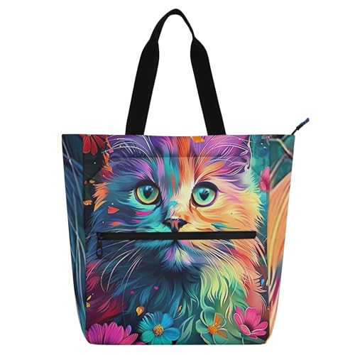 Linda bolsa de mão colorida floral para crianças, mulheres, escola, trabalho, zíper, bolsa reutilizável, presente para amantes de livros