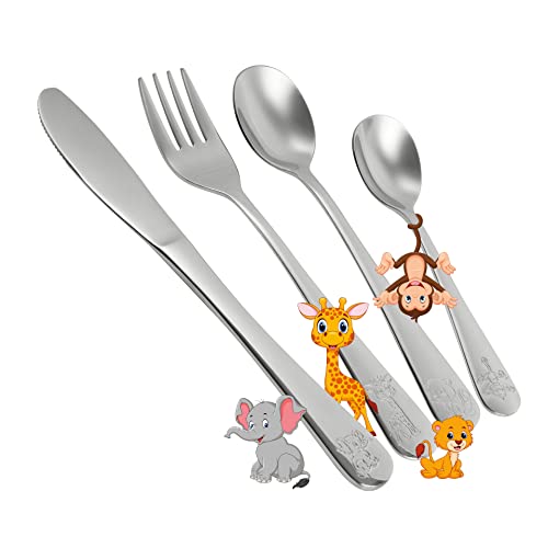 Set di posate Safari per bambini 4 pezzi - Kit di 4 utensili con adorabili disegni di animali - Include cucchiai di diverse dimensioni, coltello e forchetta - Ideale per bimbi dai 3 anni in su