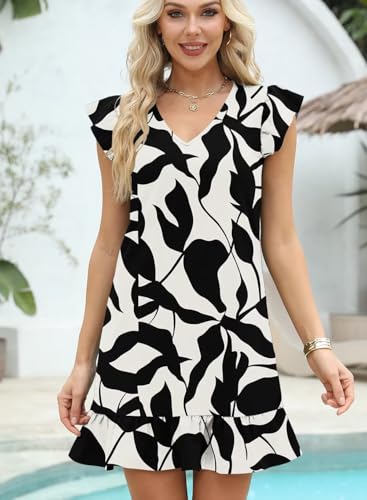 Image of QACOHU Spring Summer Dresses for Women 2026 V Neck Cap Sleeve Ruffle Hem Smock Short Casual Beach Dress