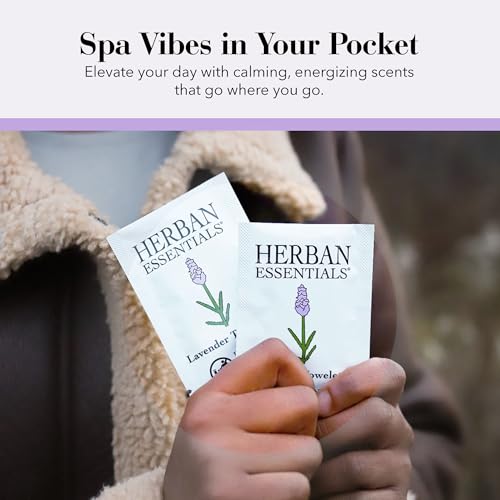 Herban Essentials - Lavender Wipes & Towelettes - Essential Oil Wipes for Make Up, Hands, Face & Body - Travel Size Essentials and Toiletries - Natural, Individually Wrapped and Disposable (20 count)