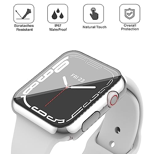 Image of Misxi [2 Pack] Waterproof Anti-Scratch Case with Button for Apple Watch Series 9 (2023) Series 8 Series 7 41mm, Hard PC Cover with Tempered Glass Screen Protector for iWatch, 1 Silver + 1 Transparent