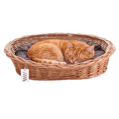 Weidenbett Weidenkorb Hundebett Katzenbett für Haustiere - Wiklinowy Świat - Natürlich warm, atmungsaktiv und stilvoll - Verschiedene Größen 50x35x13cm - gepunktetes braunes Kissen