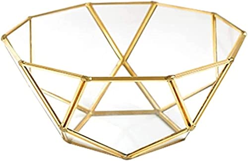 NIUBB Bols à Fruits Plateau à Fruits Bol à Fruits Nordic Vintage Brass Geometric Gold Rim Hexagonal Glass Fruit Basket Panier de Rangement Décoration Bols à Fruits
