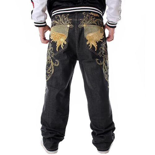 Nanaco Man Loose Baggy Jeans Hiphop Skateboard Embroidery Denim Pants Men's Black Trousers Size 28-46inch