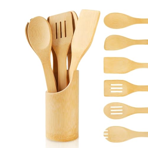 Nyganmelloz 7-Piece Bamboo Utensil Set with Holder Natural Wooden Spoons & Spatulas for Cooking Non-Stick Kitchen Tools Set for Nonstick Cookware Housewarming Gift