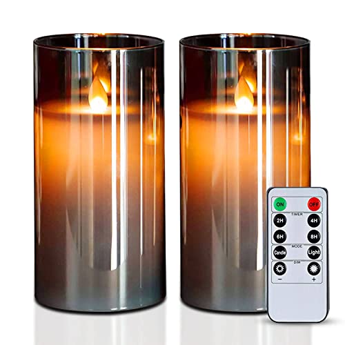 Homemory 7.6 cm x 15.2 cm Grau flackernde flammenlose Kerzen mit klarer Gehäuse aus Acryl, Batteriebetriebene Plexiglas LED Säulenkerzen mit Fernbedienung und Timer, 2er-Set
