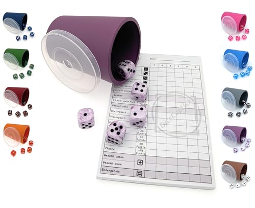DiceCupFlex - Flexibler Würfelbecher mit Deckel inkl. 5 Würfel und Würfelblock, Spielblock - Made in Germany (Lila)