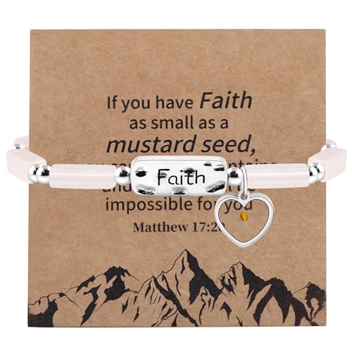 Image of Elastic Faith Bracelet for Women, Adjustable 7 inch Natural Stone Bracelet with Heart Mustard Seed Charm, Spiritual Christian Jewelry for Baptism, Graduation, Religious Celebration YA4856