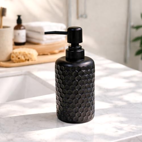 Image of MARKET 99 Black Diamond Cut Soap Dispenser (250 ML) | Matte Black Polyresin Liquid Soap Dispenser for Hand Wash, Lotion, Shampoo & Sanitizer | Modern Bathroom Accessory