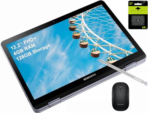 SAMSUNG Plus V2 2 in 1 360 12.2" FHD+ Touchscreen Chromebook Student, Intel Celeron 3965Y, 4GB RAM, 128GB Storage, Wi-Fi, Zoom Meeting, Dual Webcam, Stylus Pen, Wireless Mouse, Chrome OS, GM Accessory