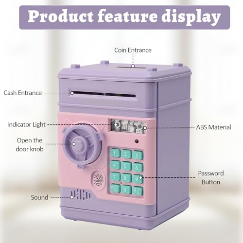 Electronic Piggy Bank Money Safe Box for Kids, Digital ATM Bank Money Saving Box for Boys Girls Auto Scroll Password Cash Coin Can for Children Birthday Gift Toy, Purple and Pink - Image 3
