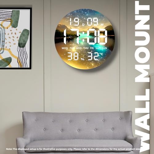 Image of Amazon Brand - Umi Acrylic Digital Wall Clock for Bedroom Living Room Stylish LED USB Tabletop 3D Picture Clocks with Time Day Date Month Temperature Display for Home Office 24.3x24.3cm (Waterway)