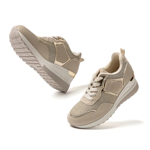 JOMIX Zapatillas Mujer Cuña Deportivas Mujer Plataforma Brillantes Zapatillas Deportivas Mujer Zapatillas Mujer Casual Caminata Jogging Fitness MD9792-6, Beige, 38 EU