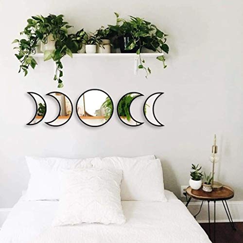 Keweis 5 Pieces Scandinavian Natural Decor Acrylic Wall Decorative Mirror Interior Design Wooden Moon Phase Mirror Bohemian Wall Decoration For Home Living Room Bedroom Decor - Not Real Mirror(Black) #TOP4