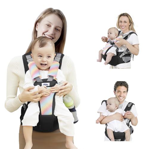 AIBABY Baby Carrier - Adjustable & Detachable Hip Seat, Ergonomic Lumbar Support, Breathable Airflow Design, Hands-Free Infant Carrier for Newborn to Toddler (7-44 lbs), All Seasons (Black)