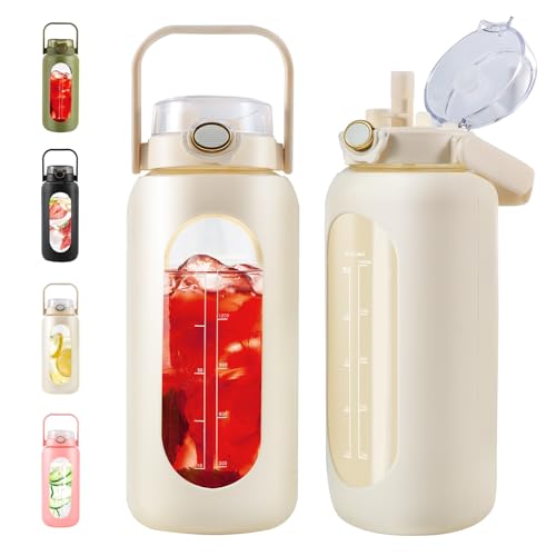 2 Liter Glass Water Bottle with Straw and Handle - 64oz Motivational Water Jug with Time Marker and Silicone Sleeve, Leak proof Wide Mouth Water Flask for Gym, Sports, and Daily Use,White